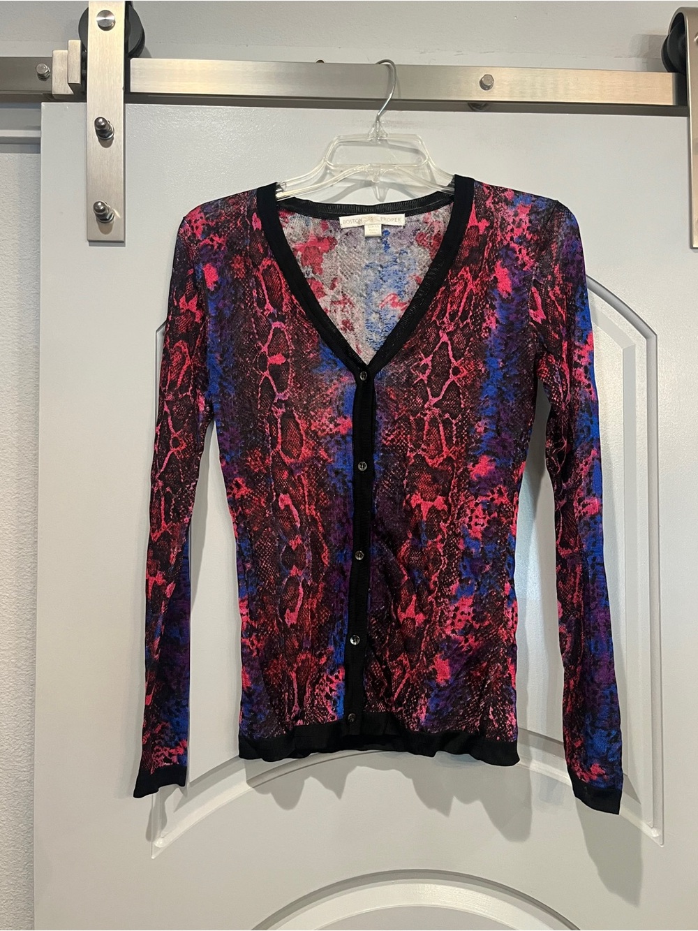 Boston Proper vibrant Pink & Blue Snake-Print V-Neck Button Cardigan. So chic!